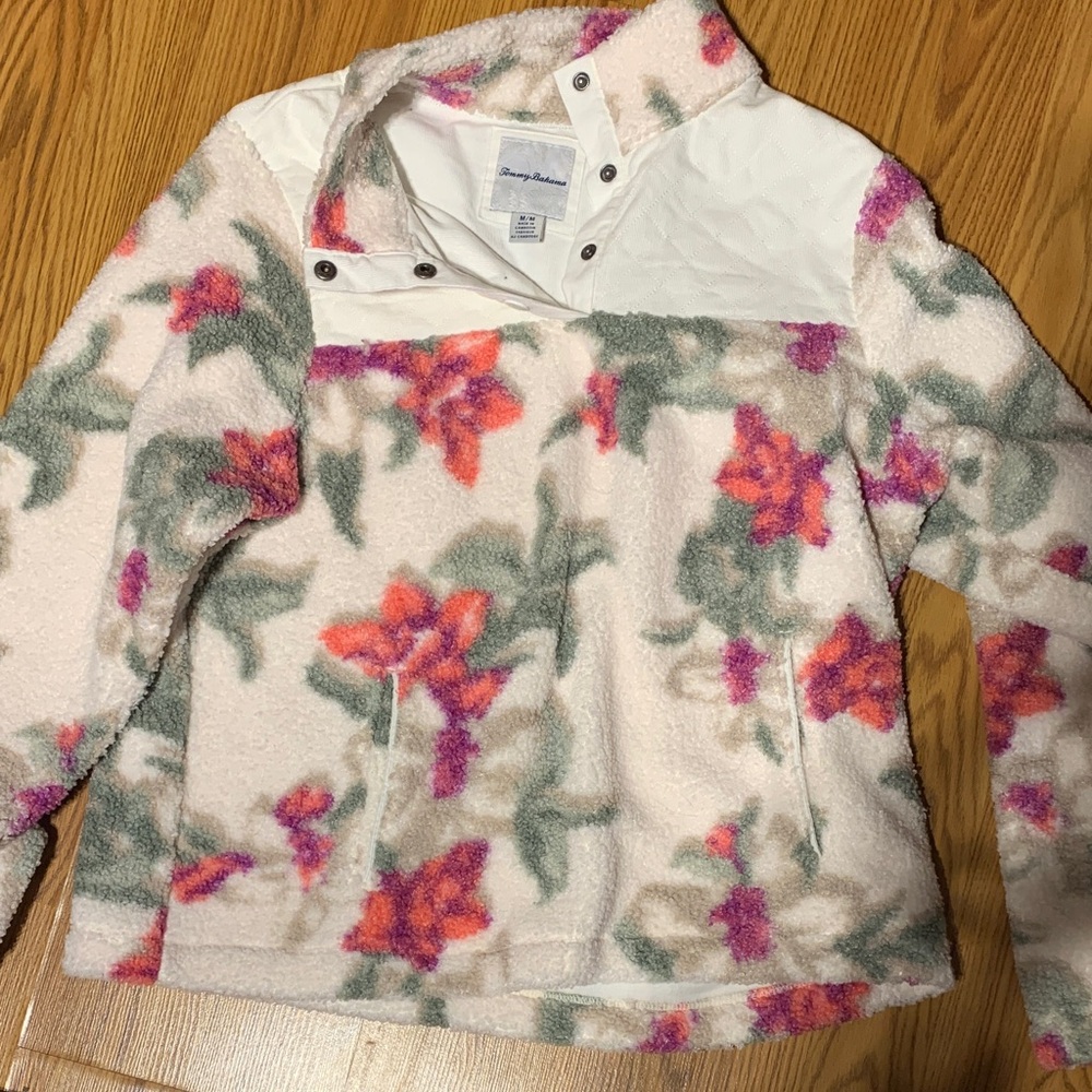 Tommy Bahama Cream Floral Sherpa Snap Pullover with Pink & Orange Blooms